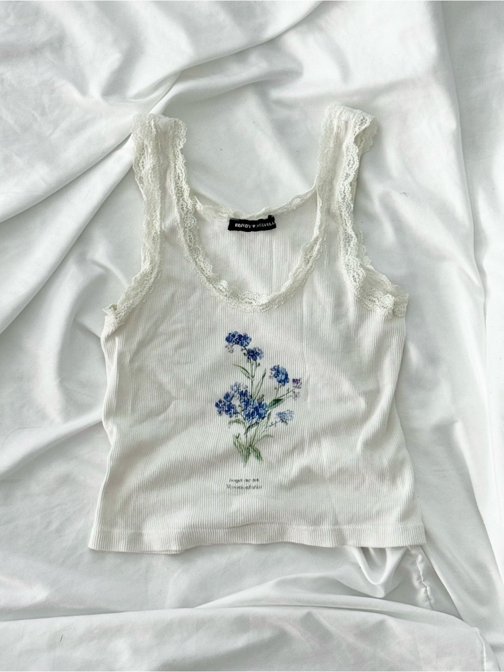 Brandy  Melville White and Blue Floral “Forget Me Not” Top